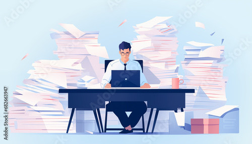 man with huge stacks of paperwork at the desk illustration