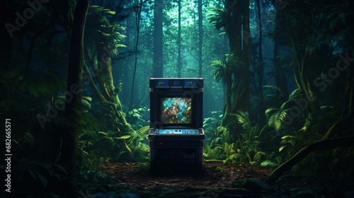 a video game console in a forest