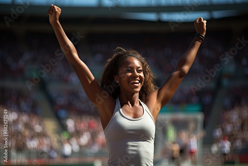Fitness, runner winner or black woman at finish line for victory, celebration or sport exercise at stadium