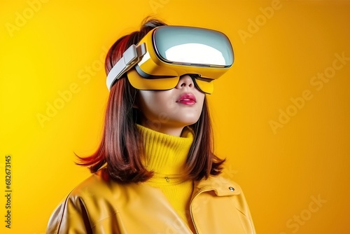 Asia korean young woman s using the virtual reality headset portrait and bright colors