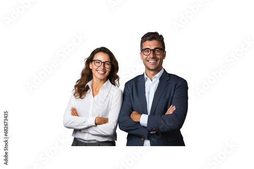 Business woman and man wearing glasses and formula standing with arms crossed and smiling looking at camera Isolated on transparent background