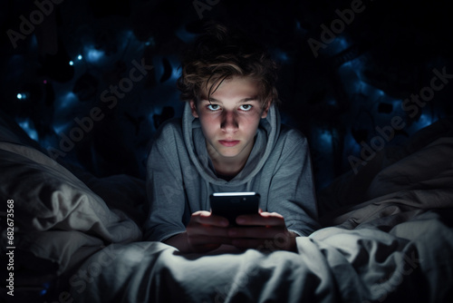 A male teeanger face under blue lights from mobile phone. A boy focuses on a smartphone in his hands while laying in bed with no lights on. Generative AI.