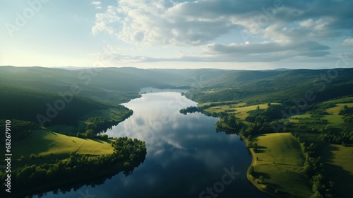 a river surrounded by green hills