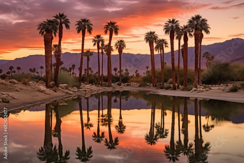 Surreal Desert Oasis at Sunset: Envision a mesmerizing landscape where warm hues paint the arid desert, creating an otherworldly oasis as the sun sets in celestial silence.