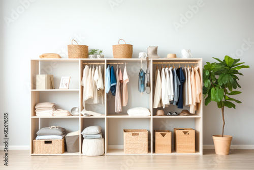 Organized wooden shelves with towels, plants, and various neatly arranged storage containers in a minimalist style.