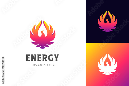 awesome flying phoenix gradient logo vector illustration with silhouette version. phoenix fire logo symbol