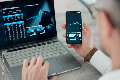 Laptop, smartphone and screen for stock market, businessman and finance or shares, broker and tech. Investment, trading and internet for update, check and mobile app for cryptocurrency growth