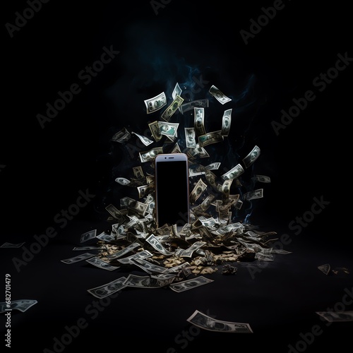 a cellphone surrounded by money