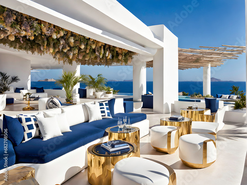 Luxury and opulence beach club / beach restaurant / beach bar in a rich futuristic retro design of the 1950s in all shades of blue with golden elements in a Mexican beachfront setting at day.