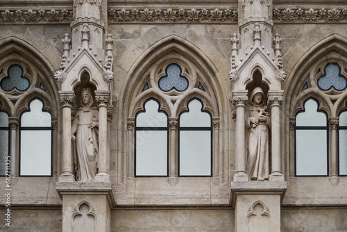 Decorative gothic windows in a Fisherman's Bastion (Hungarian: Halászbástya). Budapest, Hungary - 7 May, 2019