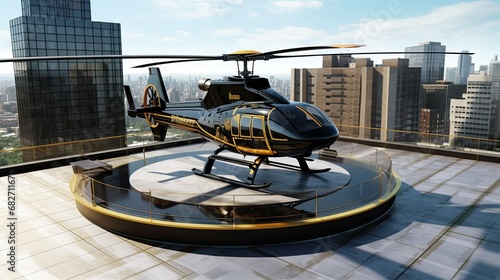 Helicopter on building roof helipad