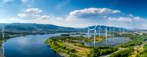 Wind turbines and photovoltaic fields next to a river, renewable energy from wind and sun and water.