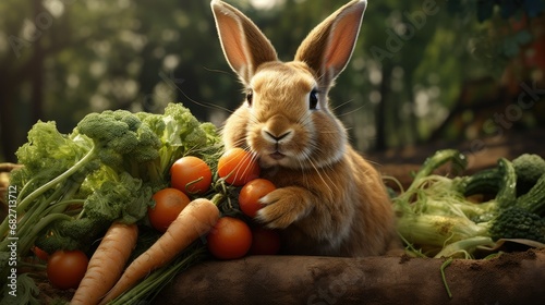 Poster of rabbit eating carrots in the garden