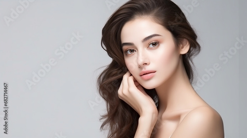Beautiful asia model with clean fresh skin hand touch her face - Generative AI
