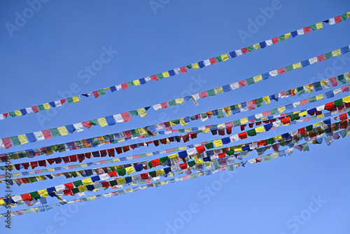 チベット仏教圏で見られるタルチョという五色の旗の写真