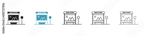 Bus Stop Ad vector illustration set. Transit stop advertising vector illustration symbol for UI designs in black and blue color.