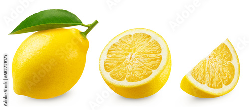 Lemon isolated set. Collection of ripe lemon, half and slice on a transparent background.