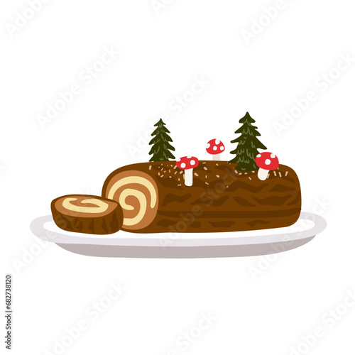 Yule log or Buche de Noel, traditional Christmas French dessert. Vector illustration. 