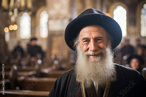 Portrait of a smiling old rabbi inside a Jewish church