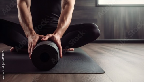 Yoga concept. Young men rolling mat after a yoga on a wooden floor