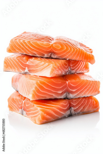 Ocean's Bounty: Raw Salmon Fillets Stacked for Presentation on White Background