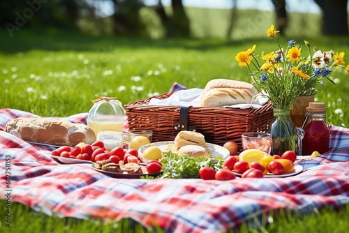 a picnic blanket with food and flowers