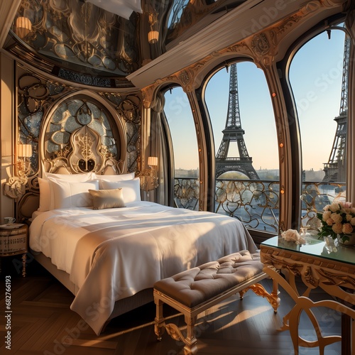 a bedroom with a large window overlooking the eiffel tower