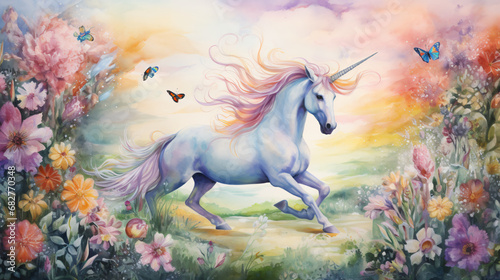 Draw a magical watercolor scene of a unicorn trotting