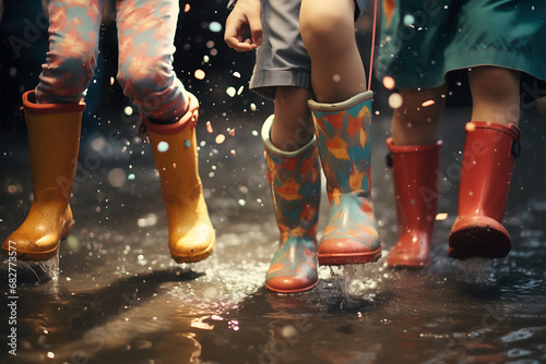 Kids Boots Playing Splashing Rain Water 