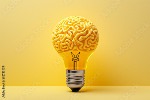 An abstract concept of a brain in a light bulb standing on display, isolated on a yellow background. New creative idea. Generative AI.