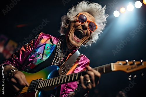 Grandmother playing electric guitar and screaming a song on stage as a rock star with blurred lights. Dynamic senior lifestyle concept, Sunset of life in colors.