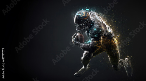 American football player running with the ball in dynamic action. Team spirit, overcoming, equality and tolerance concept in the sport. Copy space for text, banner or design..