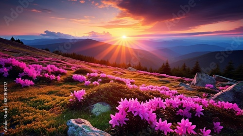 Vibrant Sunset over Mountain Landscape with Blossoming Flowers generated by AI tool