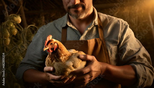 Portrait of a smiling male farmer holding a beautiful chicken, inside a dark chicken coop with sunlight at dawn. Concept of animal welfare, pride and care.