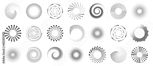 Spiral halftone dot element collection. Black spiral decoration. Circle spiral texture
