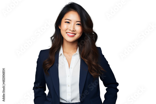 Portrait of young and successful Asian businesswoman wearing a black business suit, confident look, on transparent background, png file