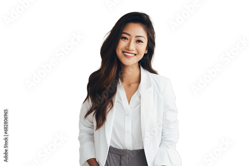 Portrait of young and successful Asian businesswoman wearing a white business suit, confident look, on transparent background, png file