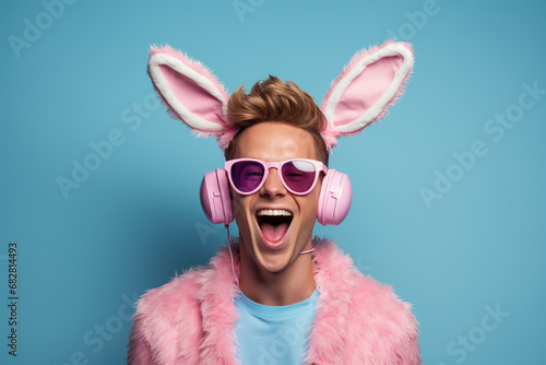 happy young man wearing pink easter bunny ears and sunglasses on blue background