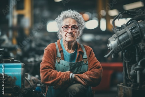 Engineer old woman car motor assembly shop. Service mechanic. Generate AI