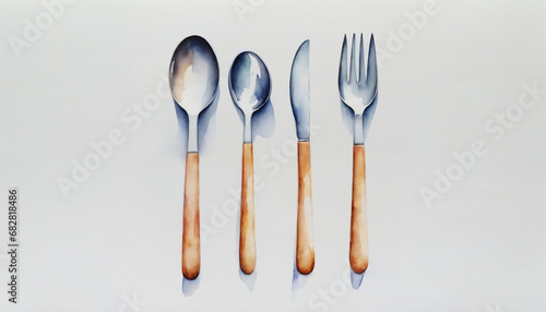 水彩画のスプーンとナイフとフォーク。カトラリー、キッチン、食事