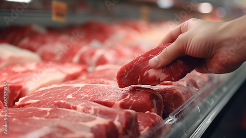 Close up of the hands of people choosing to buy meat in the supermarket