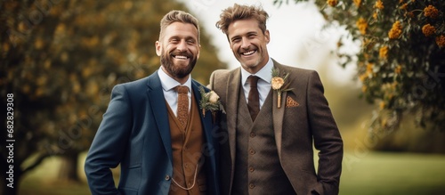 Handsome couple bearded groom and groomsman smiling at outdoors background