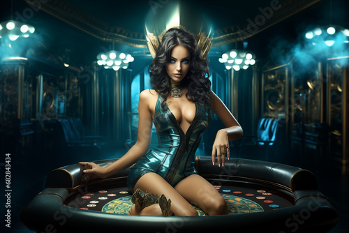 Casino, beautiful young girl in a blue dress. Banner concept for casino, poker, gambling, croupier, website header, gambling, luxury style, baccarat. Casino winning poster