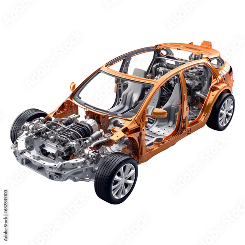 Passenger modern car assembled from new spare auto parts isolated on transparent background.