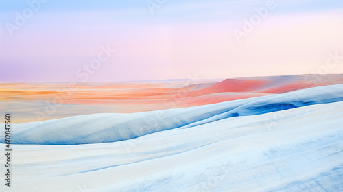 A landscape of colorful hills in shades of blue, orange, and white. The hills have a smooth texture and are layered. The sky is pastel blue and yellow. Dreamy, minimalist and surreal mood.