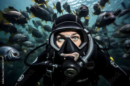A close click of American male scuba diver diving in the sea looking in the camera wearing proper suit and facemask and oxygen and have so many fishes under water 