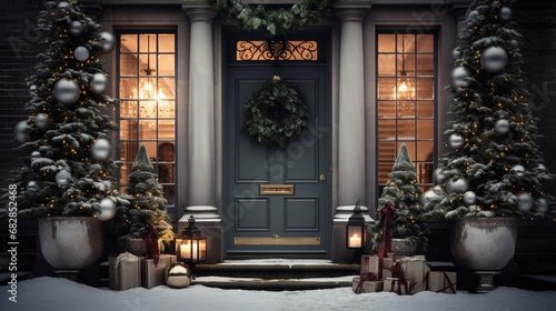 Generative AI, Front door with Christmas decoration, wreath and garland, muted colors, cottage rustic doorway 