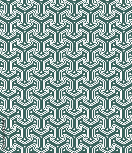 Seamless repeating pattern with interlocking green geometric elements on a white background. Abstract design. Decorative vector illustration.