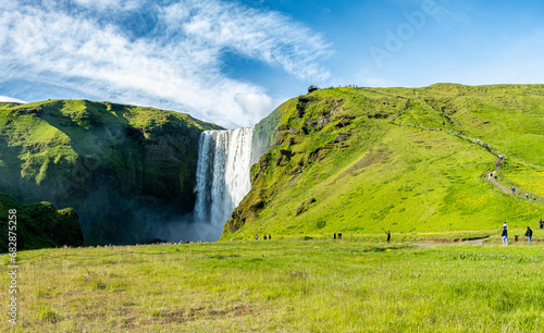 Skogafoss waterfall is one of the biggest waterfalls in Iceland, with a drop of some 60 meters and a width of 25 meters - South Iceland, Europe