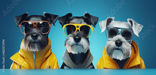 Three Schnauzer Dogs in Yellow Jackets and Sunglasses on a Blue Background. Three dogs wearing yellow jackets and sunglasses